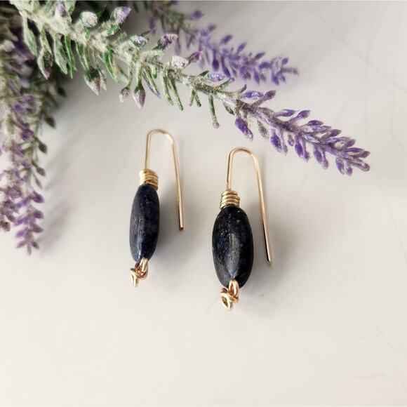 Blue Sodalite Stone Gold Wire Dangle Earrings / Minimalist Boho Style Earrings - Picture 2 of 11